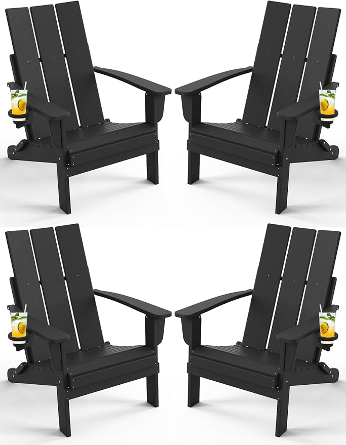 Adirondack Chair with Cup Holder Set of 4, Folding Outdoor Lawn Chair, HDPE Plastic Fire Pit Chair, Weather Resistant Patio Chairs for Deck, Porch, Backyard, Garden, Black