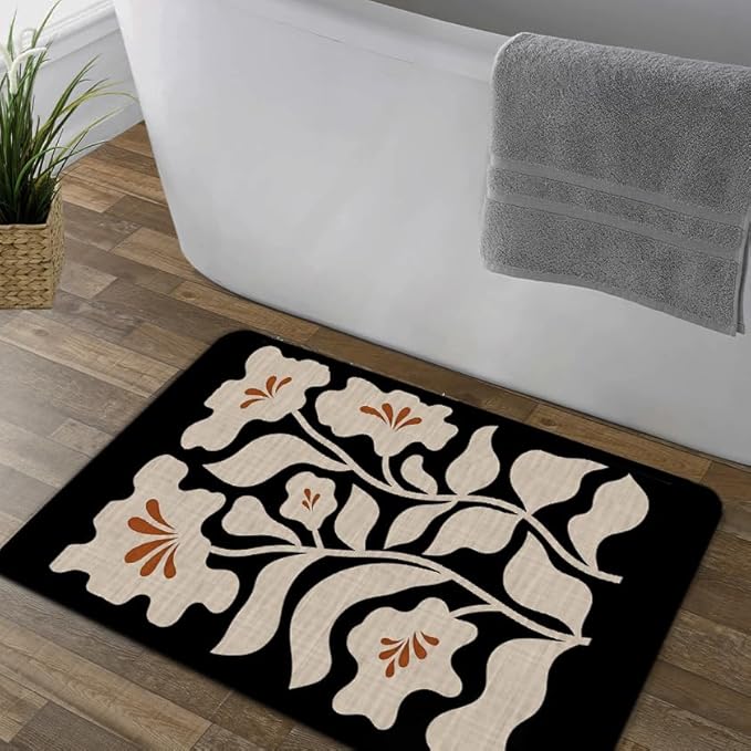 Boho Beige and Black Floral Door Mat - Bohemian Neutral Floral Front Door Welcome Mats Outdoor Entrance, 17x30 Rug