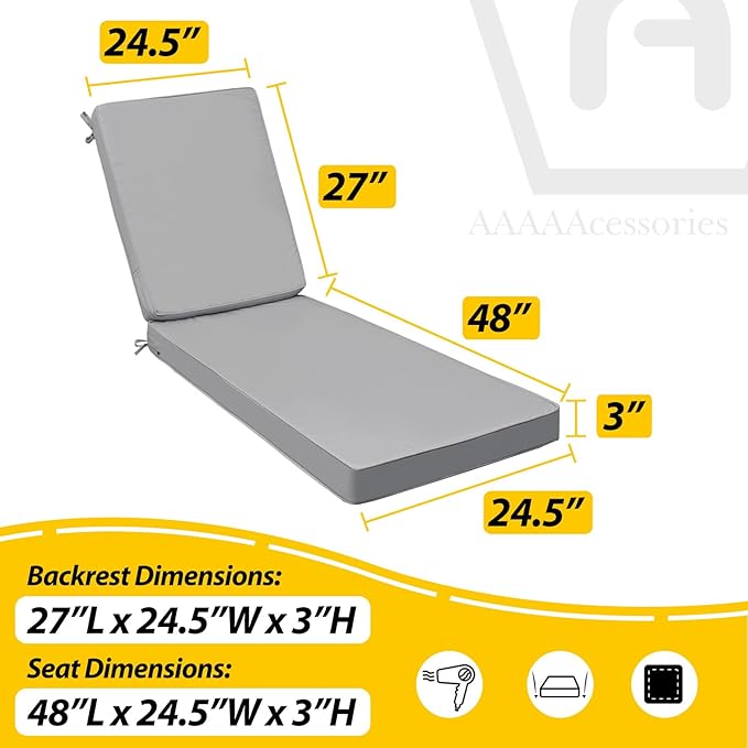 AAAAAcessories Outdoor Chaise Lounge Cushions, Fade-Resistant, Waterproof Patio Furniture Replacement Cushions, 75" x 24.5" x 3", Set of 2, Gray