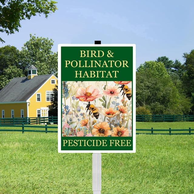 Bird and Pollinator Habitat Pesticide Free Yard Sign With Stakes 8X12 inches Rustproof Reflective Aluminum Pollinator Friendly Garden Sign Stand Bee Outdoor Decor