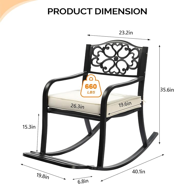 VINGLI Metal Rocking Chair, Outdoor Rocking Bench with Cushion, Patio Rocker with Footrest, Weatherproof Rocking Chair for Outside, Patio, Garden, Flower Backrest