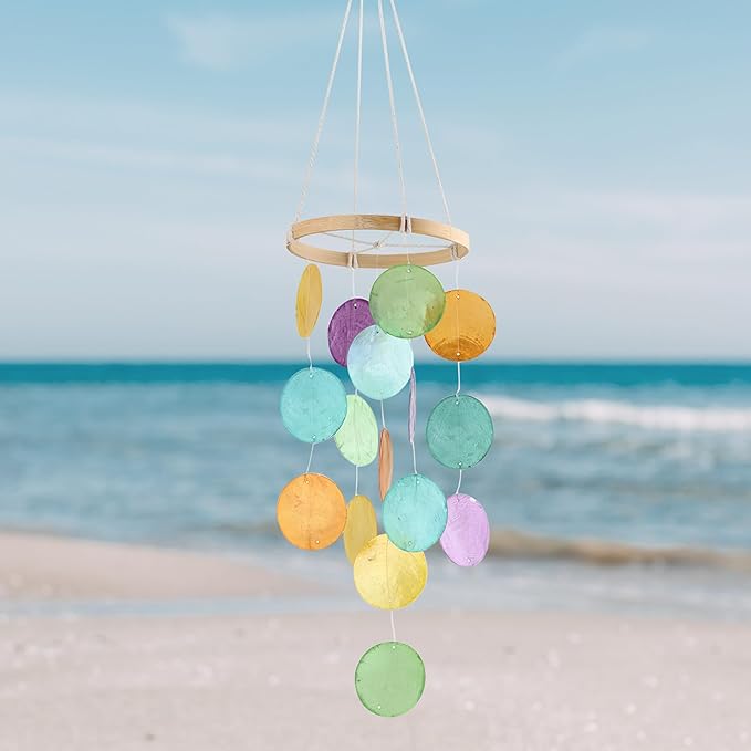 Capiz Wind Chimes for Outside, Outdoor Seashell Hanging Beach Coast Ocean Home Decorative, Rainbow Color Natural Shell Waterfall Windchimes for Summer Patio, Window, Porch, Memorial Gift（Multicolor