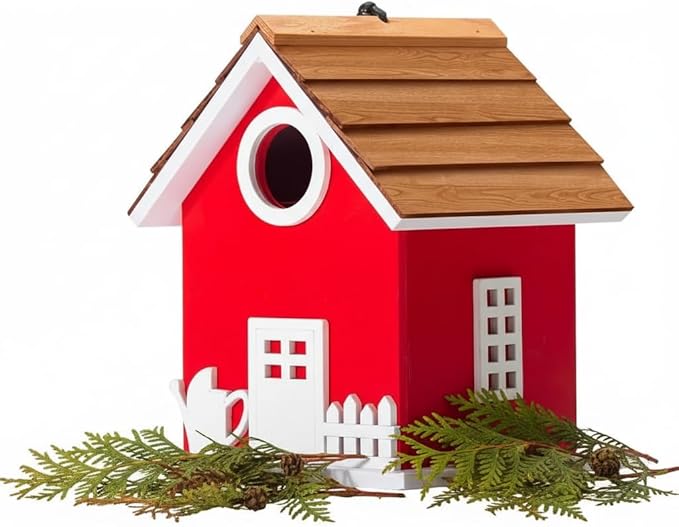 Vinyl Water Proof Bird House for Outside, Shingle Roof Bluebird House Nesting Box, Squirrel Proof Hanging Birdhouse, 5 Years Weatherable for Outdoor Decoration,Bird Box for Pole (Red)