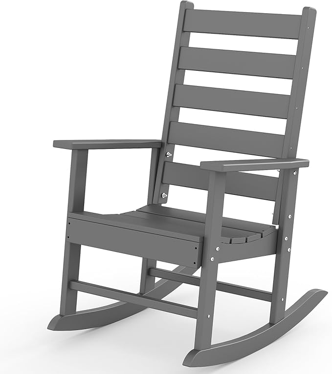 GREENVINES Outdoor-Rocking-Chair | HDPE Plastic | Patio Rockers | Porch Rocker Chairs | Shaker | Oversized | High Ladder Back | Big & Tall | PentaLuxe | Grey