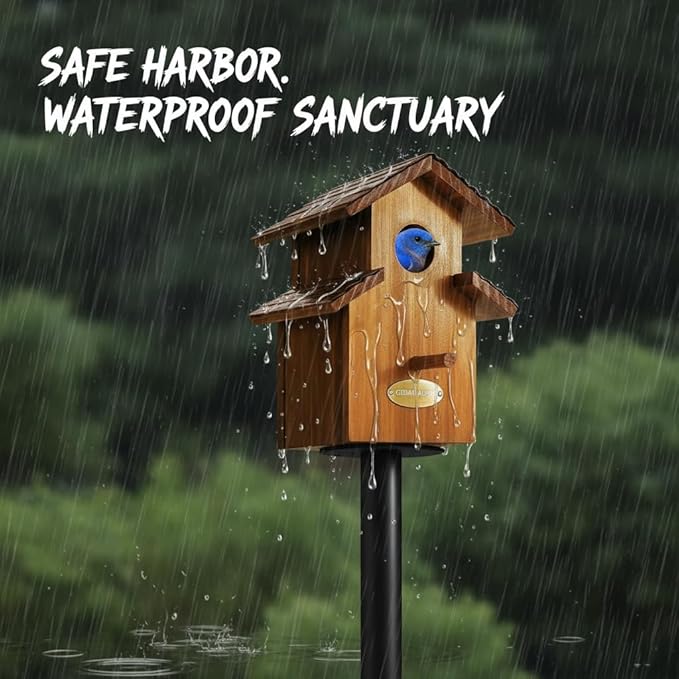 Water Proof Bluebird House for Outside, 2 Layers Metal Roof Water Proof, Outdoor Lifetime Durability Solid Cedar Wood Bird House for Pole, Secure Latch, Updated 1.5" Hole Size (Comfy Mansion)