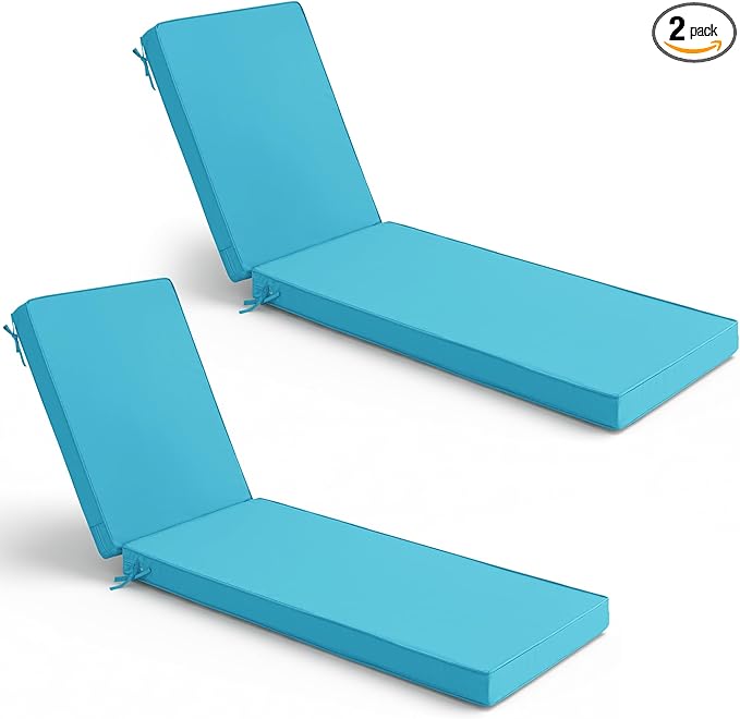 Chaise Lounge Cushions Outdoor Set of 2 - Waterproof and Fade Resistant Sun Lounger Replacement Cushions - Patio Lounger Pads with Removable Cover for Pool, Deck, Lawn, 72 x 21 x 3 Inch, Teal