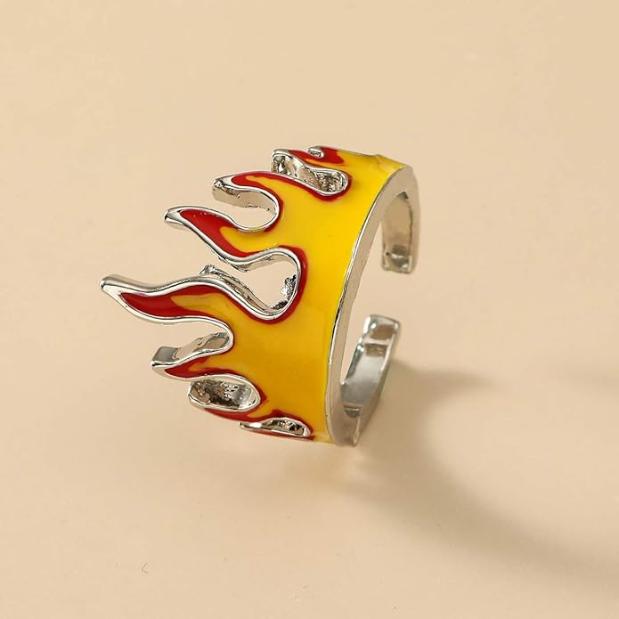 通用 2Pcs Fire Flame Finger Rings Set,Creative Fire Open Rings for Couple,Fire Crown Joint Finger Band Rings Vintage Punk Gothic Fire Ring for Women Men