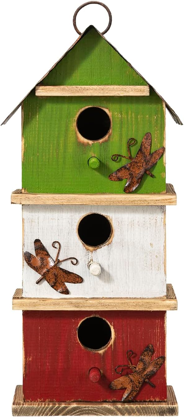 Glitzhome Bird Houses for Outside, 13.75" H Multicolored Three-Tiered Distressed Solid Wood Birdhouse Garden Hanging Bird House for Outdoors