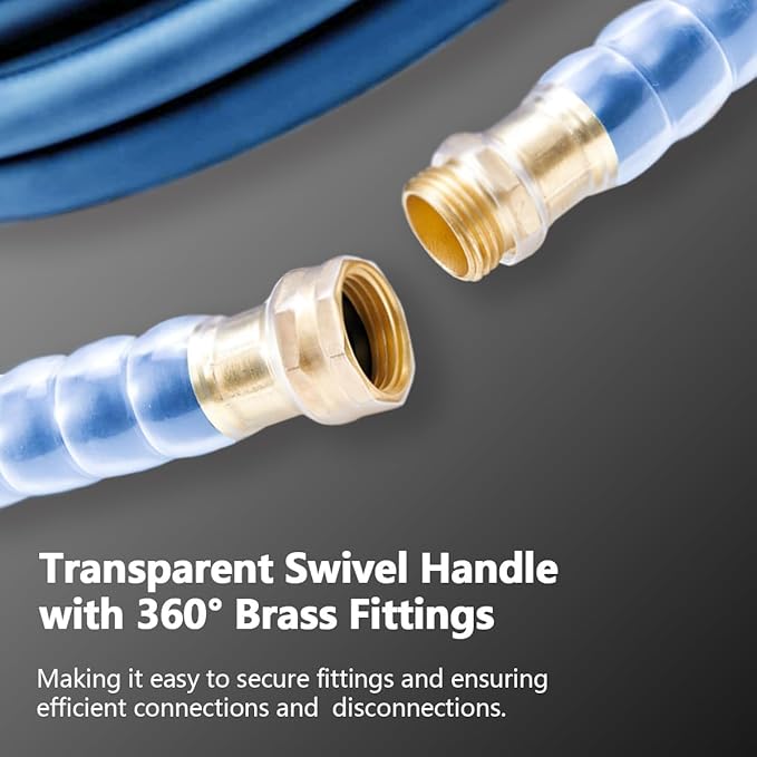 Heavy Duty Premium Garden Hose 90ft x 5/8", 300PSI Working, 1000PSI Burst, Hybrid Rubber Water Hose with Transparent Swivel Handle - Hot/Cold Water - Five Layered Braiding with Brass fittings (Blue)