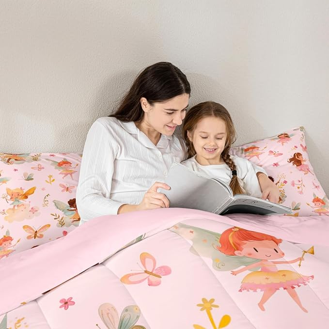 Erosebridal Pink Fairy Twin Comforter Set - Butterfly Floral Cute Bedding Sets for Girls Kids, Fairies Garden Flowers Bed Set | Aesthetic Flower Princess Room Decor with 1 Pillowcase