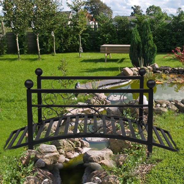 Black Iron Foot Bridge, Bridge Walkway for Garden Garden Bridge Metal Yard Arch Path Bridge Ourdoor Decorative Black Iron Foot Bridge for Landscaping, Arch Backyard Garden Bridge with Safety Siderails