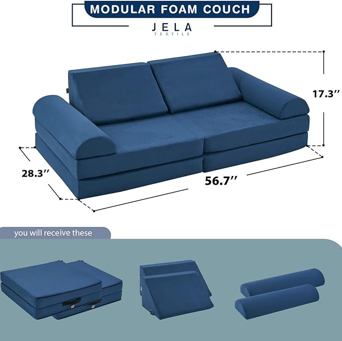 jela Kids Couch Safety Certified Play Couch Soft Kids Sofa with Machine Washable Cover Thick Foam Fort Building Set for Playroom Indoor (57"x28"x18", Navy Blue)