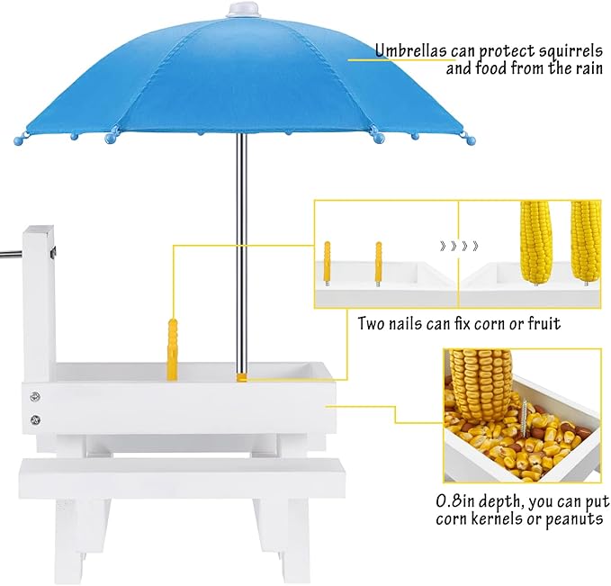 MIXXIDEA Squirrel Feeder Table with Umbrella, Wooden Squirrel Picnic Table Feeder, Durable Squirrel Feeder Corn Cob Holder, with Solid Structure and 2 x Thick Benches(White&Blue)