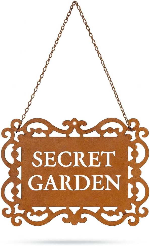 Rustic Iron “Secret Garden” Hanging Sign, Natural Rust Patina Metal Plaque with Ornate Cutout Scrollwork and Chain, Garden Gate & Wall Decor, 7.9 × 5.9 Inches