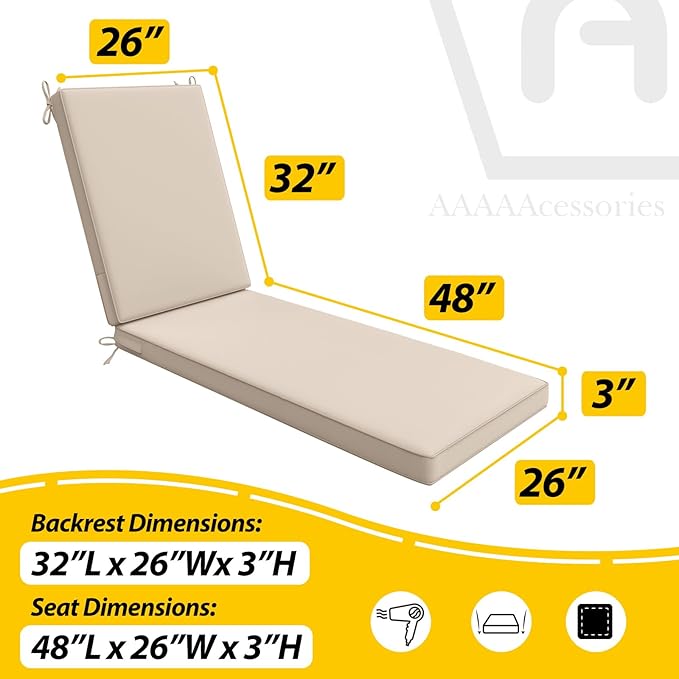 AAAAAcessories Outdoor Chaise Lounge Cushions, Waterproof, Fade-Resistant Patio Furniture Replacement Cushions, 80" x 26" x 3", Sandstone Beige