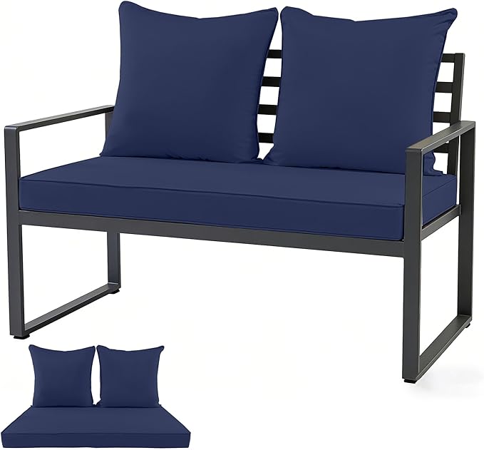 Outdoor Loveseat Cushion Set for Patio Couch/Sofa, 46 x 26 Inch Waterproof & Fade Resistant Patio Furniture Chiar Cushions with Removable Cover (Navy Blue, 46''Lx26''Wx4''H-Loveseat Cushion Set)