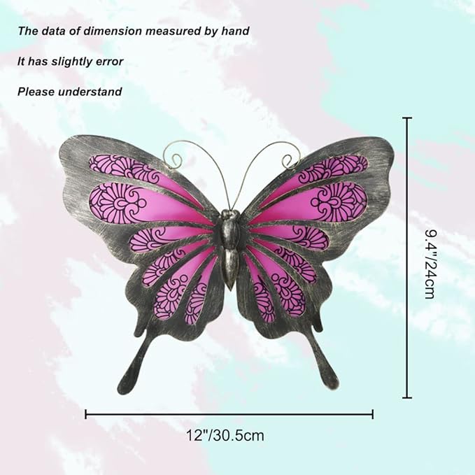 LIFFY Metal Butterfly Wall Decor,12" Glass Butterfly Outdoor Wall Decor,Hanging Garden Decorations Outside for Yard Fence Patio