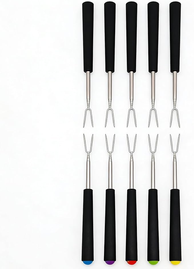 Telescoping Forks Smores Sticks for Fire Pit, 5 pcs S’mores Roasting Sticks for Camping, 6.3-11.4 Inch (10, 6.3-11.4 Inch)