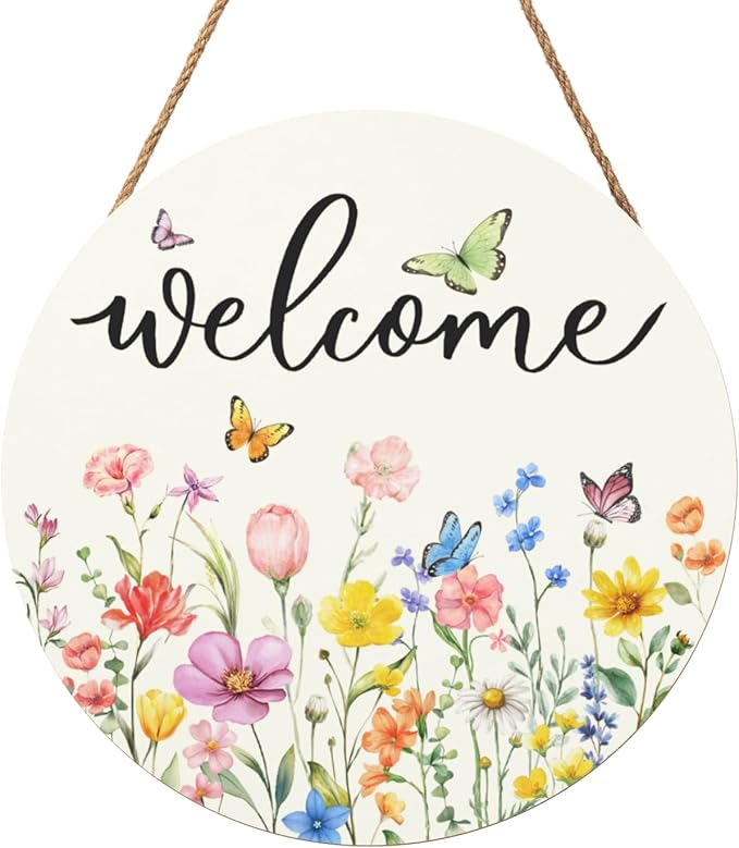 Spring Flowers Welcome Door Sign Colorful Floral Summer Door Hanger Home Decorations Spring Butterfly Wooden Hanging Sign Seasonal Farmhouse for Wall Porch 12x12 Inch
