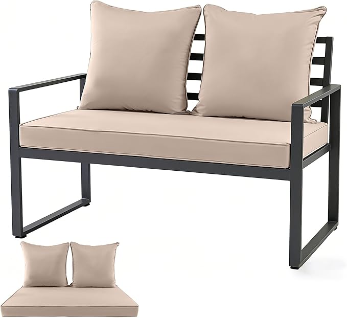 Outdoor Loveseat Cushion Set for Patio Couch/Sofa, 46 x 26 Inch Waterproof & Fade Resistant Patio Furniture Chiar Cushions with Removable Cover (Khaki, 46''Lx26''Wx4''H-Loveseat Cushion Set)