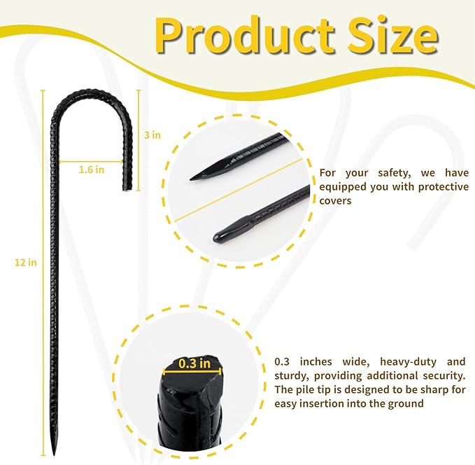 Anothera 8 Pack Steel Rebar Stakes, 12-Inch Heavy Duty J Hook Metal Fence Stake, Rustproof Ground Hooks Anchors for Tents, Plants, Fences and Trampolines