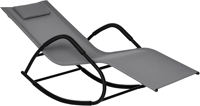 Outsunny Rocking Chair, Zero Gravity Patio Chaise Sun Lounger, Outdoor Rocker, UV Water Resistant, Pillow for Sunbathing, Lawn, Garden or Pool, Gray