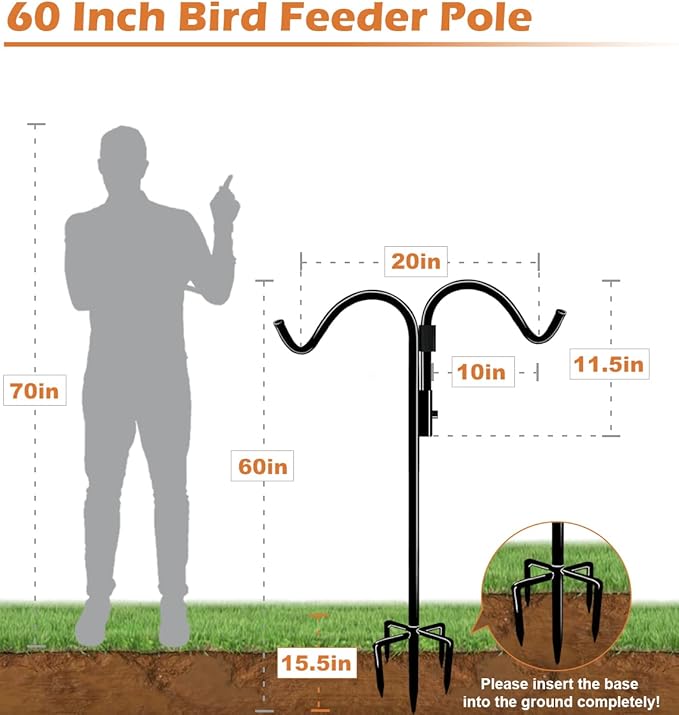 60 Inch Double Shepherds Hook for Outdoor with 5 Prong Base, Adjustable Heavy Duty Bird Feeder Pole for Hanging Flower Basket, Plant Hanger, Solar Light Lanterns, Black