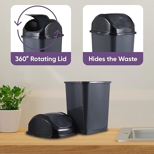 Superio Mini Plastic Trash Can with Swing Top Lid 1.25 Gallon Compact Small Waste Bin Portable Garbage Can for Countertop, Desktop, Make up Vanity, Bathroom, Car, Under Sink, Dorm,(Grey)