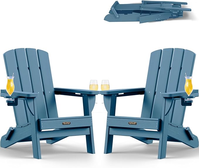 Folding Adirondack Chair 2 Pack, HDPE All-Weather Fire Pit Chairs, Plastic Adirondack Chairs with 2 Cup Holder, Outdoor Lawn Chair for Patio Garden (New Blue)
