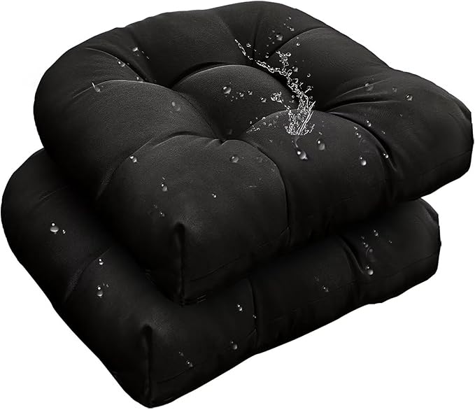 Outdoor Indoor Black Tufted Seat Cushion with Ties 18"x18" Waterproof Patio Chair Pads Tatami Floor Pillow for Dining Garden Balcony Office Decor