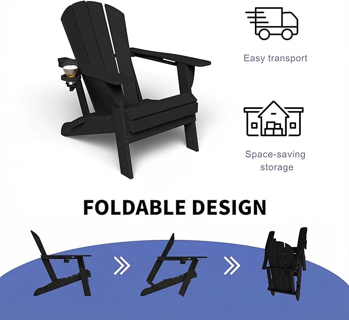 GLANC Folding Adirondack Chair Set of 2, HDPE All-Weather Outdoor Patio Fire Pit Chairs Lawn Chair for Poolside Backyard Deck Balcony, Wooden Textured with Cup Holder, 380LBS Capacity (Black)