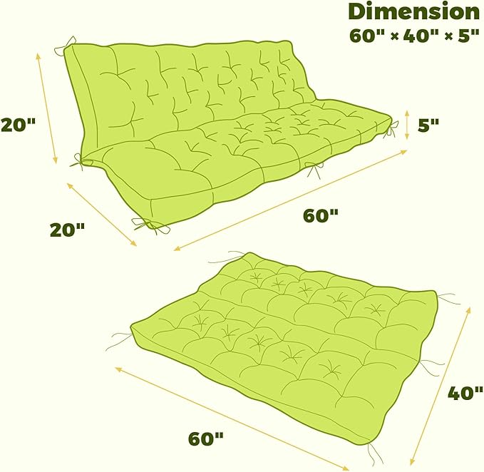 Porch Swing Cushions, Waterproof Patio Swing Cushions for Outdoor Furniture Thickened Outdoor Swing Bench Cushions 2-3 Seater Replacement with Ties for Patio Swing (Light Green, 60x40 Inch)
