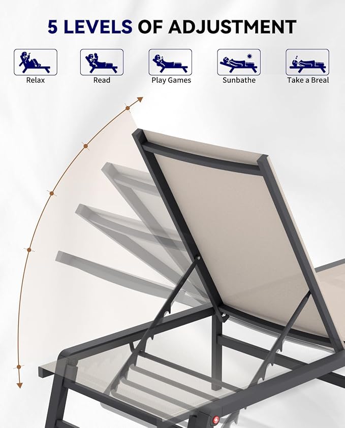Aluminum Chaise Lounge Chair Outdoor, Foldable Patio Lounge Chair 2 Sets with Table Assemble-Free, Pool Lounge Chairs with 5 Adjustable Backrest, Outdoor Lounge Chairs for Outside Poolside Flaxen