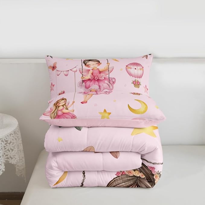 Erosebridal Pink Fairy Full Comforter Set for Girls - Butterfly & Floral Bedding Set for Kids Teen, Moon and Stars Flower Quilt | Cute Fairies Bedroom Decor with 2 Pillowcases