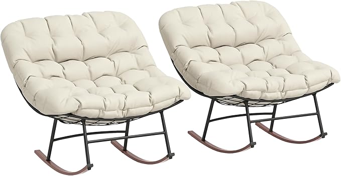 Outsunny Outdoor Rocking Chair Set of 2, Oversized Rocking Papasan Chairs with Cushions, Steel Frame, Comfy Outdoor Rockers for Patio Porch Lawn Garden, Beige