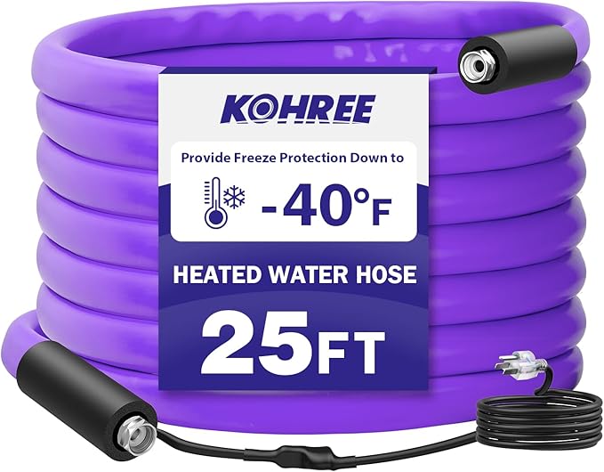 Kohree 25FT Heated Water Hose for RV, -40 ℉ Heated Drinking Water Hose 5/8", Heavy Duty Heated Hose for RV, Camper, Truck, Leak Free, Abrasion-Resistant Cover, Energy Saving Thermostat, Purple