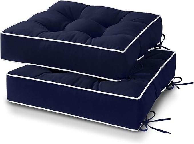 HARBOREST Outdoor Chair Cushions Set of 2, Tufted Patio Chair Cushions with Ties, Square Corner Outdoor Cushions for Patio Furniture, Lawn Chairs, Wicker Chairs, 19" x 19" x 5", Navy