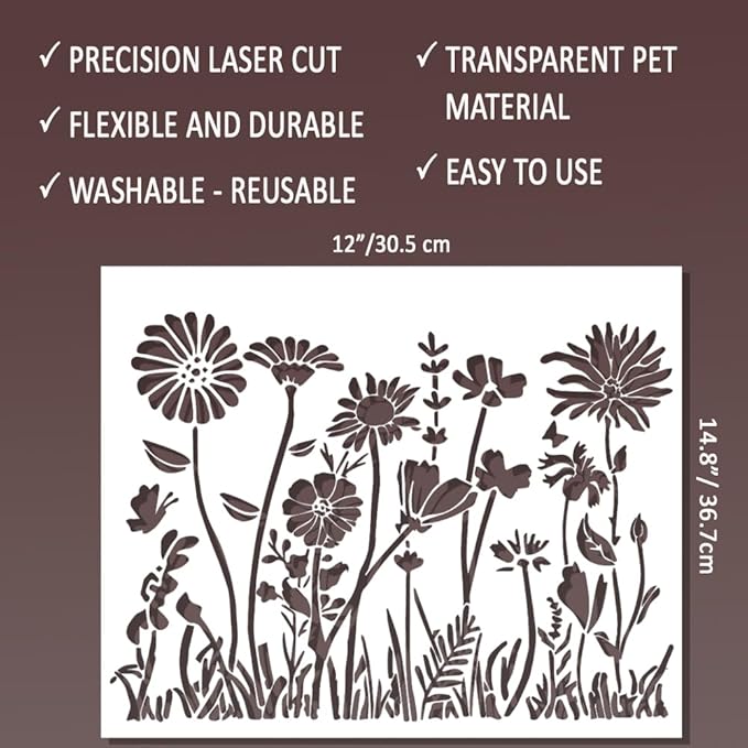 DLY LIFESTYLE Large Wildflower Stencil for Painting (15x12 Inches) - Stencils for Crafts Reusable for Canvas, Fences, Fabric, Furniture - DIY Wall Stencils for Painting Large Pattern