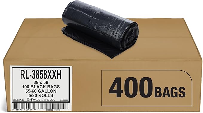 Aluf Plastics T-Tough Roll Pack Low Density Repro Blend Star Seal Coreless Rolls Bag, 55-60 Gallon Capacity, 58" Length x 38" Width, XXH Strength, Black (Pack of 400)