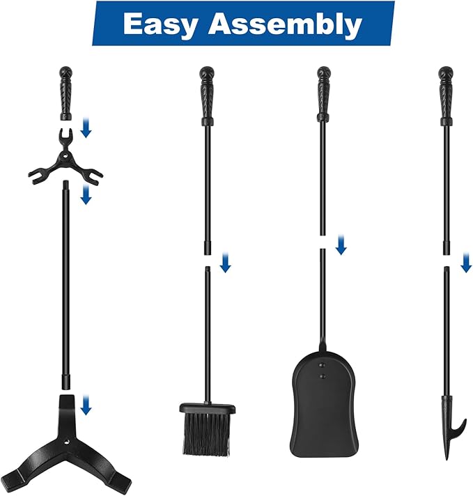 Fireplace Tool Sets with Stand Cast Iron Fire Tools Fireplace Accessories Wood Burning with Poker Shovel Brush Wood Stove Tools Black