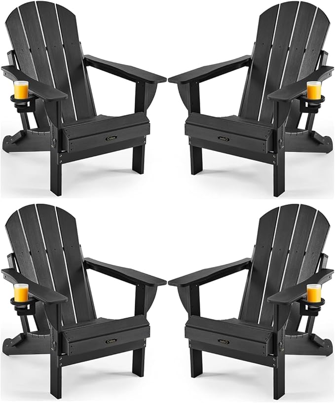 Ciokea Folding Adirondack Chair 4 Pack, Patio Adirondack Chair Weather Resistant, Plastic Fire Pit Chair with Cup Holder, Lawn Chair for Outdoor Porch Garden Backyard Deck (Black)