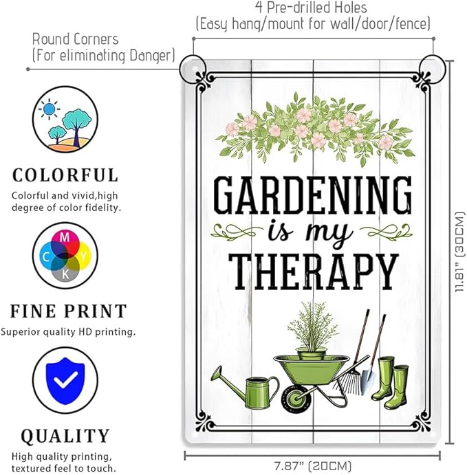 Funnysign Vintage Gardening Tin Sign – “Gardening Is My Therapy” – Floral Farmhouse Wall Art, Rustic Garden Metal Decor, Perfect for Patio, Porch, Greenhouse, or Indoor Home Display, 8×12 Inch (9820)