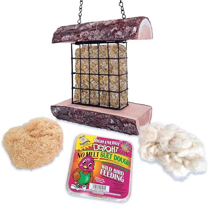 Mac's Suet Wild Bird Feeder, All Natural Wood, Made in The USA - Includes Nesting Material and Suet Cake