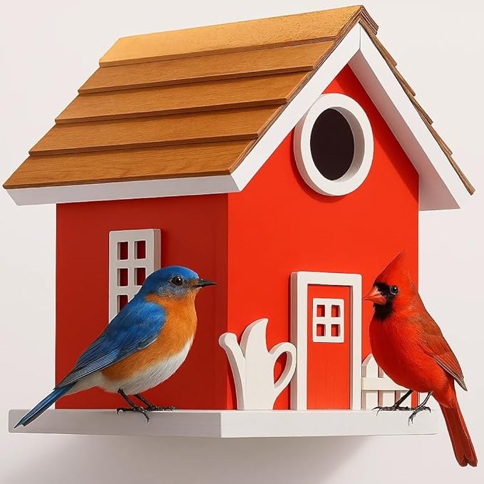 Vinyl Water Proof Bird House for Outside, Shingle Roof Bluebird House Nesting Box, Squirrel Proof Hanging Birdhouse, 5 Years Weatherable for Outdoor Decoration,Bird Box for Pole (Red)