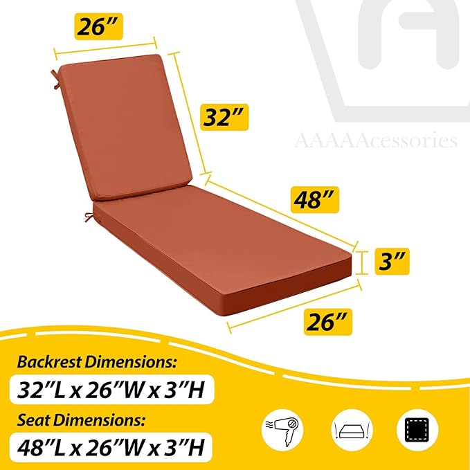 AAAAAcessories Outdoor Chaise Lounge Cushions, Waterproof Patio Furniture Replacement Cushions, Fade-Resistant, 80" x 26" x 3", Rust