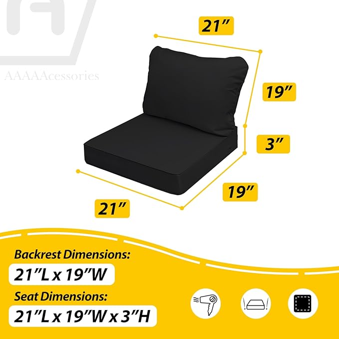 AAAAAcessories Outdoor Seat Cushions for Chairs, Fade-Resistant, Waterproof Patio Furniture Replacement Cushions, 21" x 19" x 3" + 21" x 19", Charcoal Black