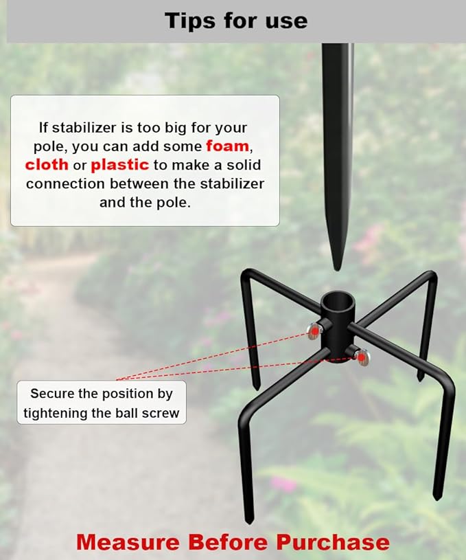 Garbuildman Pole Stabilizer Stand Base with 4 Prongs for Outdoor Bird Feeder Pole, In-Ground Support Applies to 0.74” to 1.1” Shepherds Hook, Black, 1 Pack, Measure Before Purchase