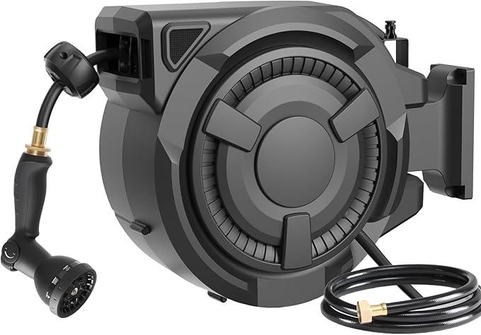 wikiwiki Retractable Garden Hose Reel 5/8 in x 100 ft, Heavy Duty Wall Mounted Hose Reel with 10- Function Sprayer Nozzle, Automatic Slow Return System/180°Swivel Bracket/UV Resistant (Black)