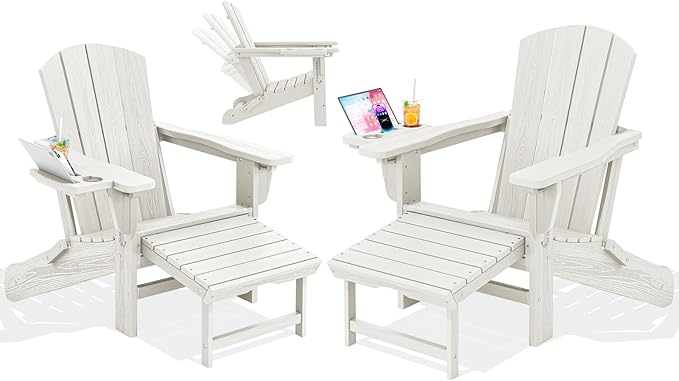 KINGYES Adjustable Folding Adirondack Chair with Footrest & 4-in-1 Multi-Functional Armrest Organizer Set of 2, HDPE Foldable Recliner Adirondack Chair with Pull-Out Ottoman, White