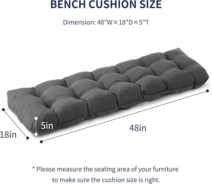 Outdoor Bench Cushion, 48x18x5 Inch, Waterproof Bench Cushion for Outdoor/Indoor Furniture, Tufted Patio Bench Seat Cushion, Fade Resistant Outdoor Cushions for Porch Swing Couch, Dark Grey
